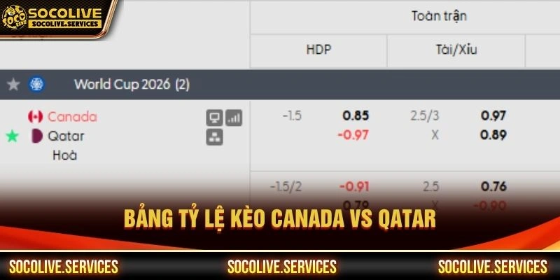 Bảng tỷ lệ kèo Canada vs Qatar Bảng tỷ lệ kèo Canada vs Qatar
