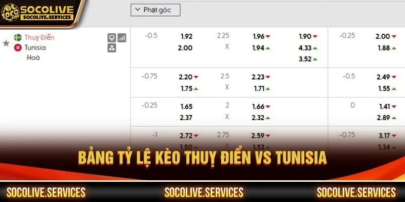 Bảng tỷ lệ kèo trận Thuỵ Điển vs Tunisia ngày 15/06/2026 Bảng tỷ lệ kèo trận Thuỵ Điển vs Tunisia ngày 15/06/2026